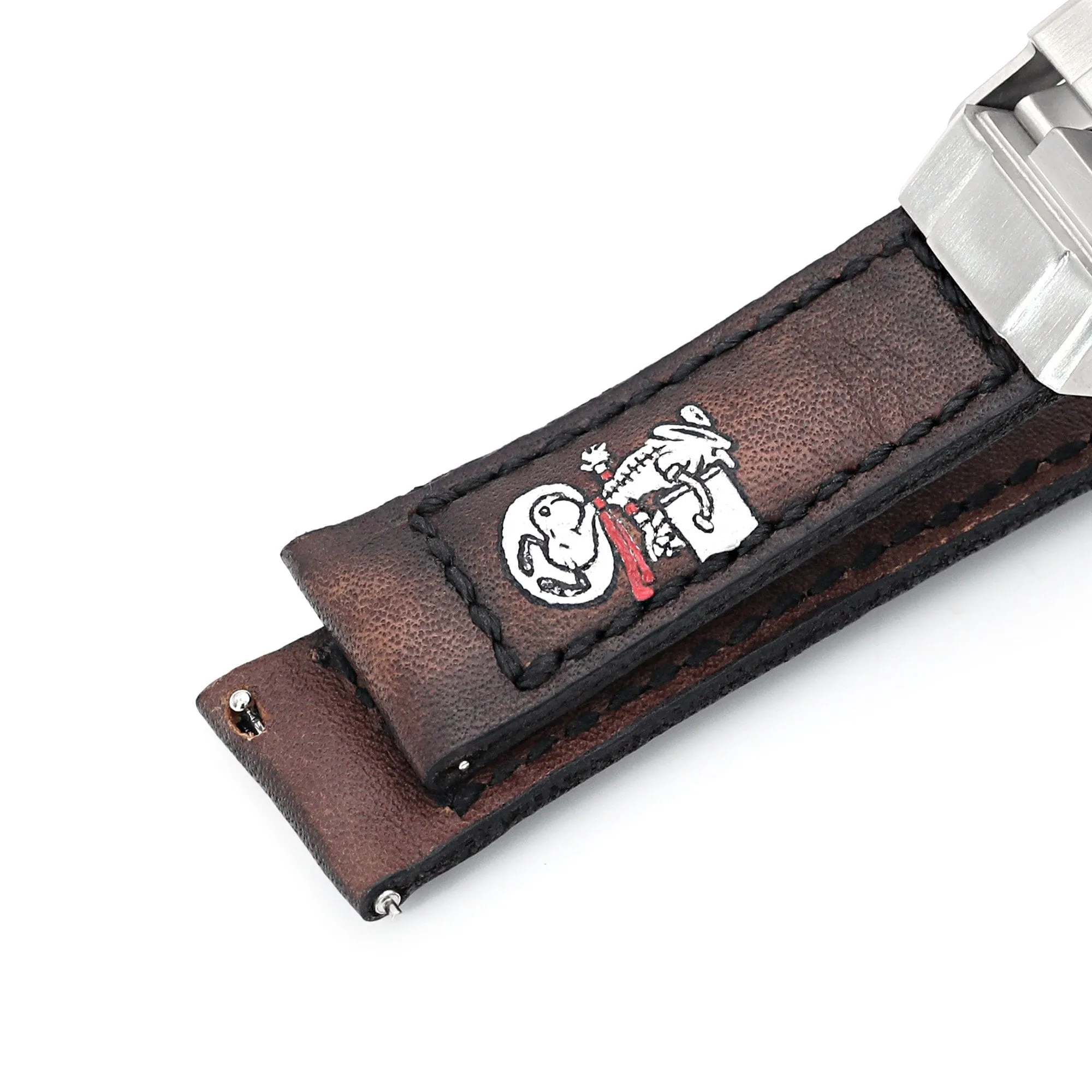 20mm Gunny X MT Dark Brown Handmade Quick Release Leather Watch Strap One-piece, Turning Clasp - Minimalist Snoopy