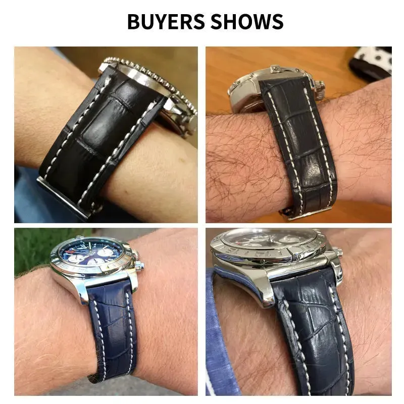 22mm 24mm Black Brown Blue Bamboo Grain Cowhide Watch Strap