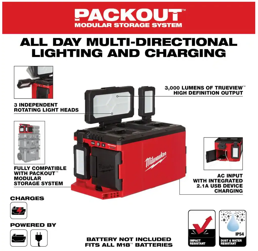 2357-20 Milwaukee M18 PACKOUT LED Light w/Built In Charger (3000 Lumens)