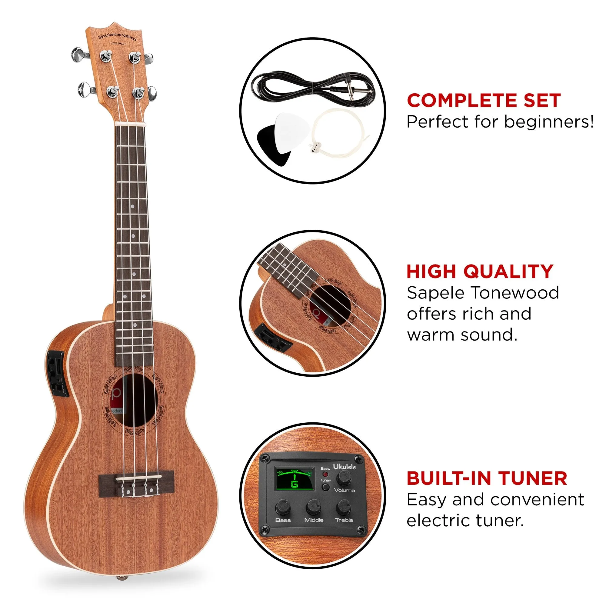 23in Acoustic Electric Concert Sapele Ukulele Starter Kit w/ Built-in Tuner