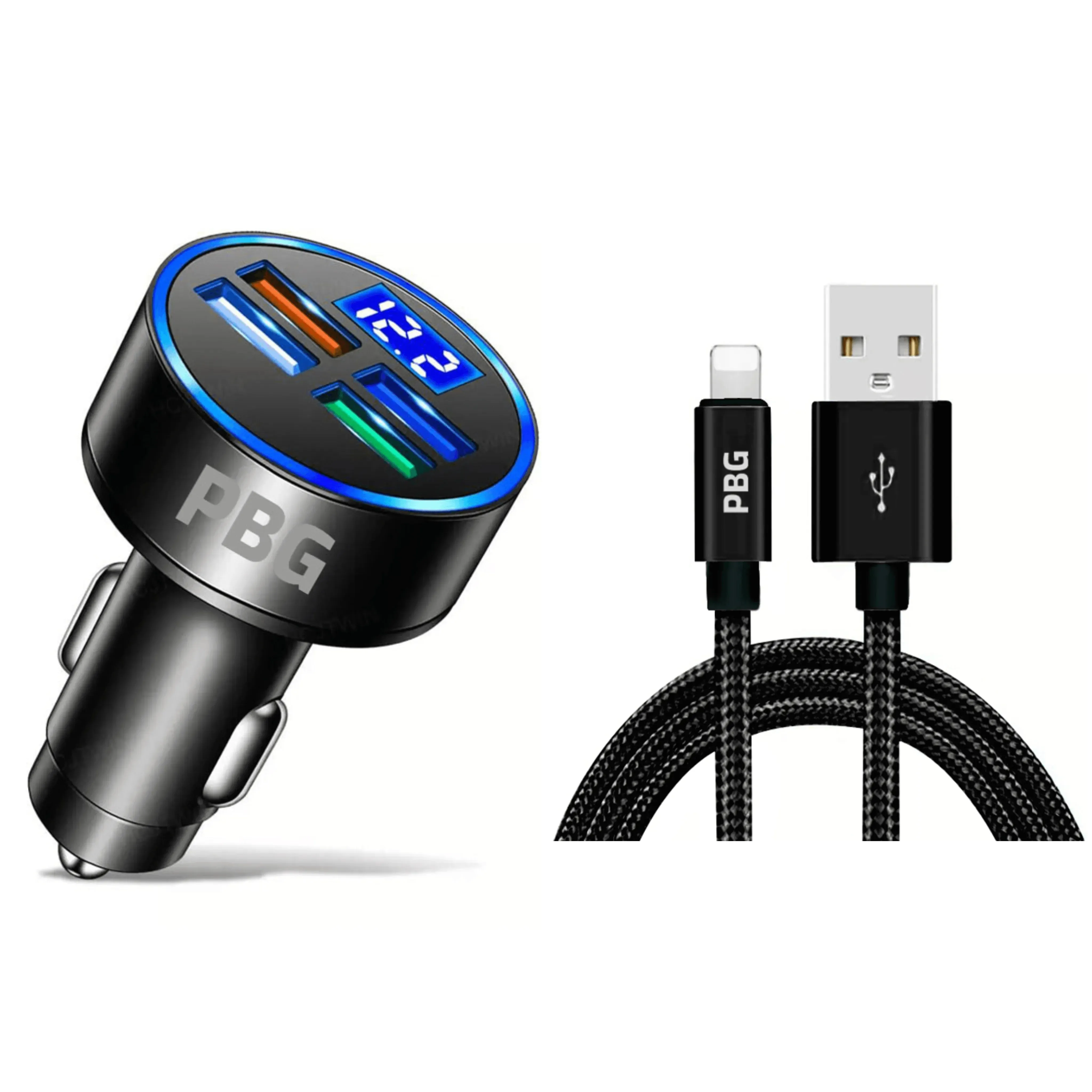 4-Port LED Car Charger with Voltage Display & 10FT iPhone Cable - Fast, Durable & Universal