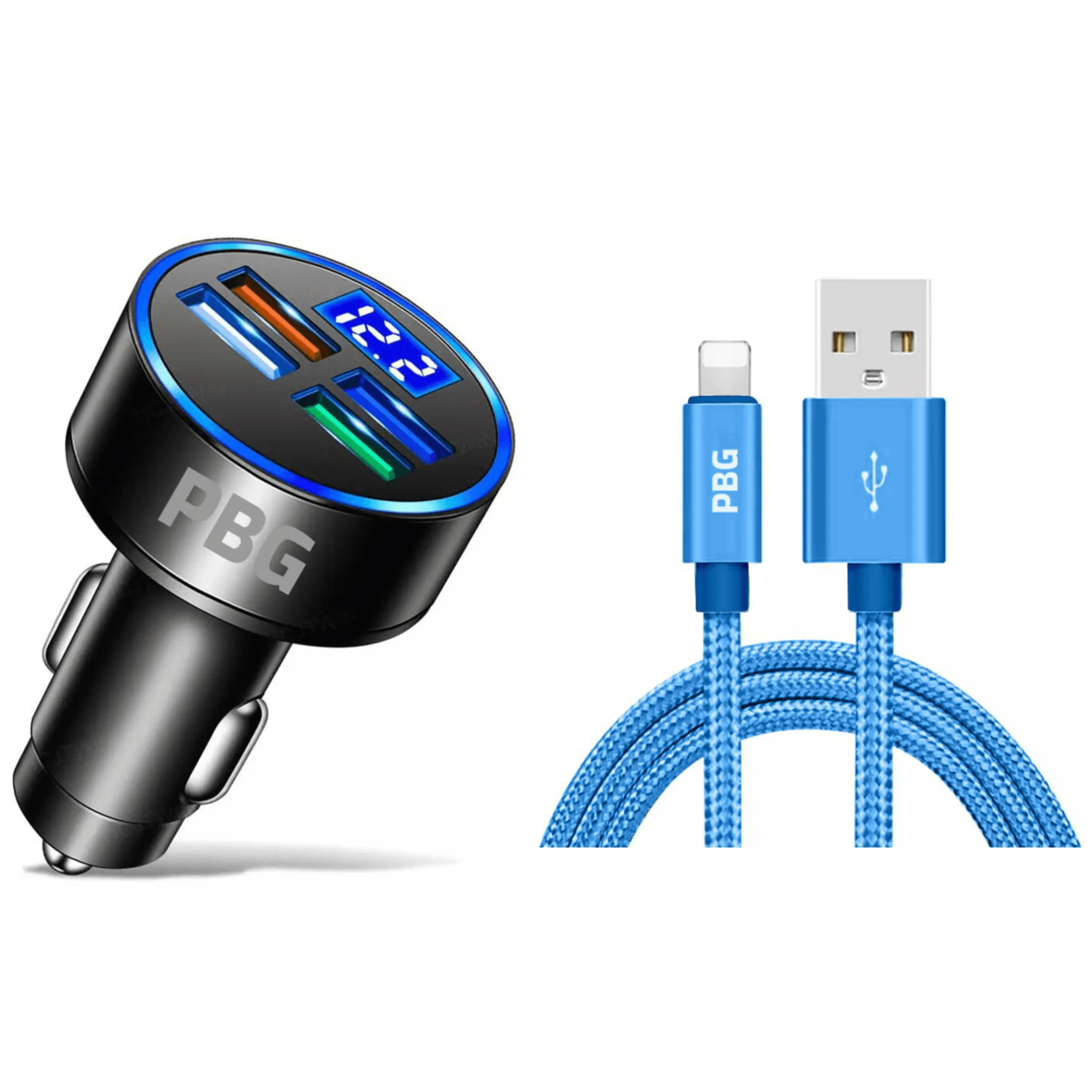 4-Port LED Car Charger with Voltage Display & 10FT iPhone Cable - Fast, Durable & Universal