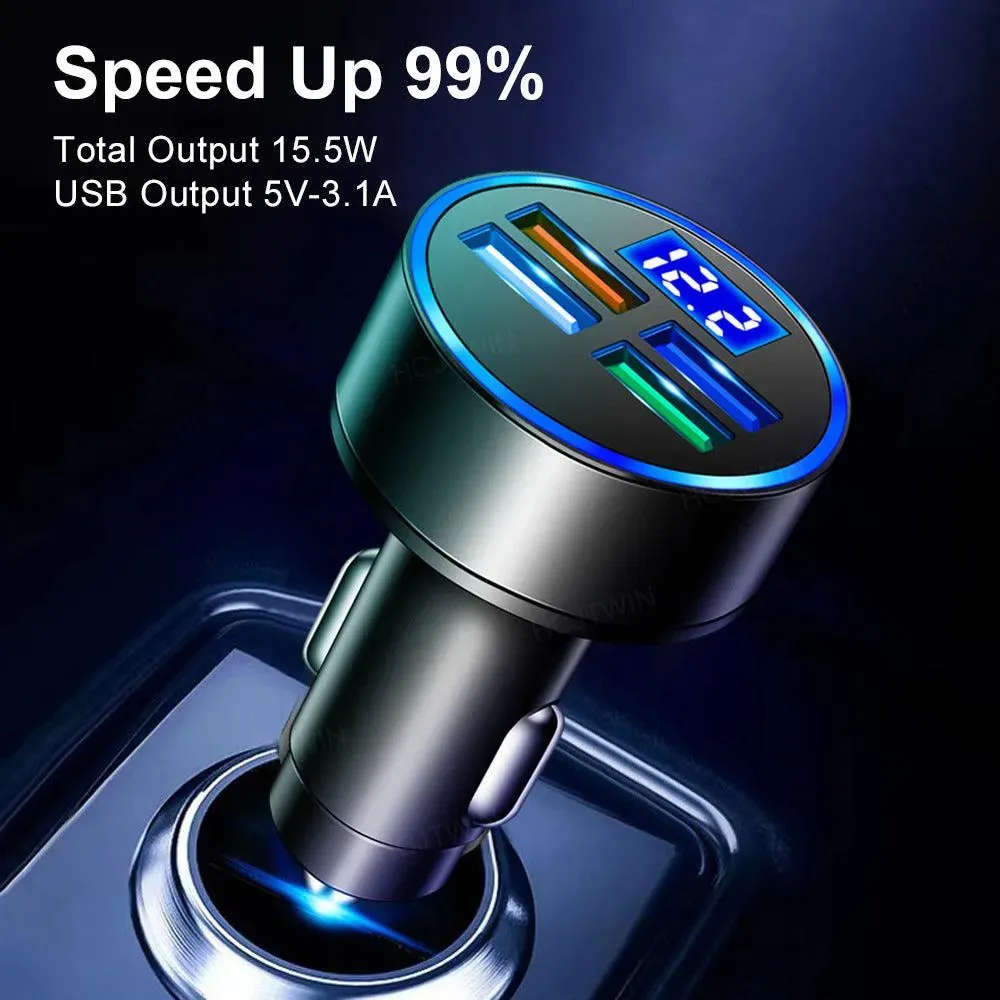 4-Port LED Car Charger with Voltage Display & 10FT iPhone Cable - Fast, Durable & Universal