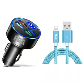 4-Port LED Car Charger with Voltage Display & 10FT iPhone Cable - Fast, Durable & Universal