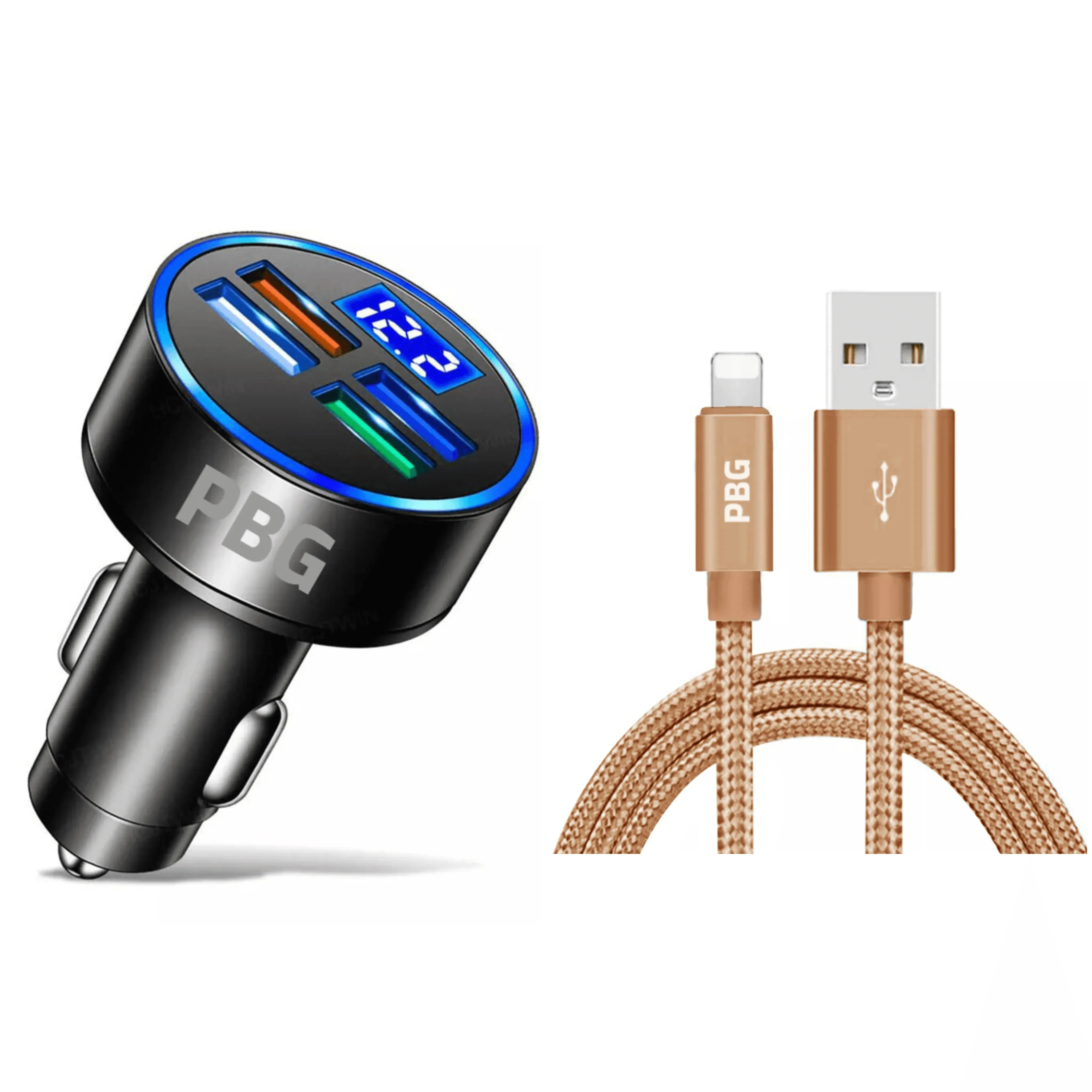 4-Port LED Car Charger with Voltage Display & 10FT iPhone Cable - Fast, Durable & Universal