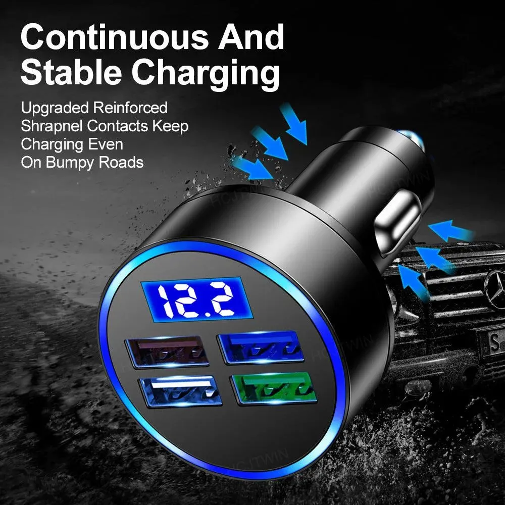 4-Port LED Car Charger with Voltage Display & 10FT iPhone Cable - Fast, Durable & Universal