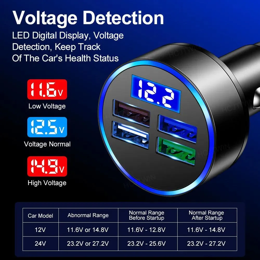 4-Port LED Car Charger with Voltage Display & 10FT iPhone Cable - Fast, Durable & Universal