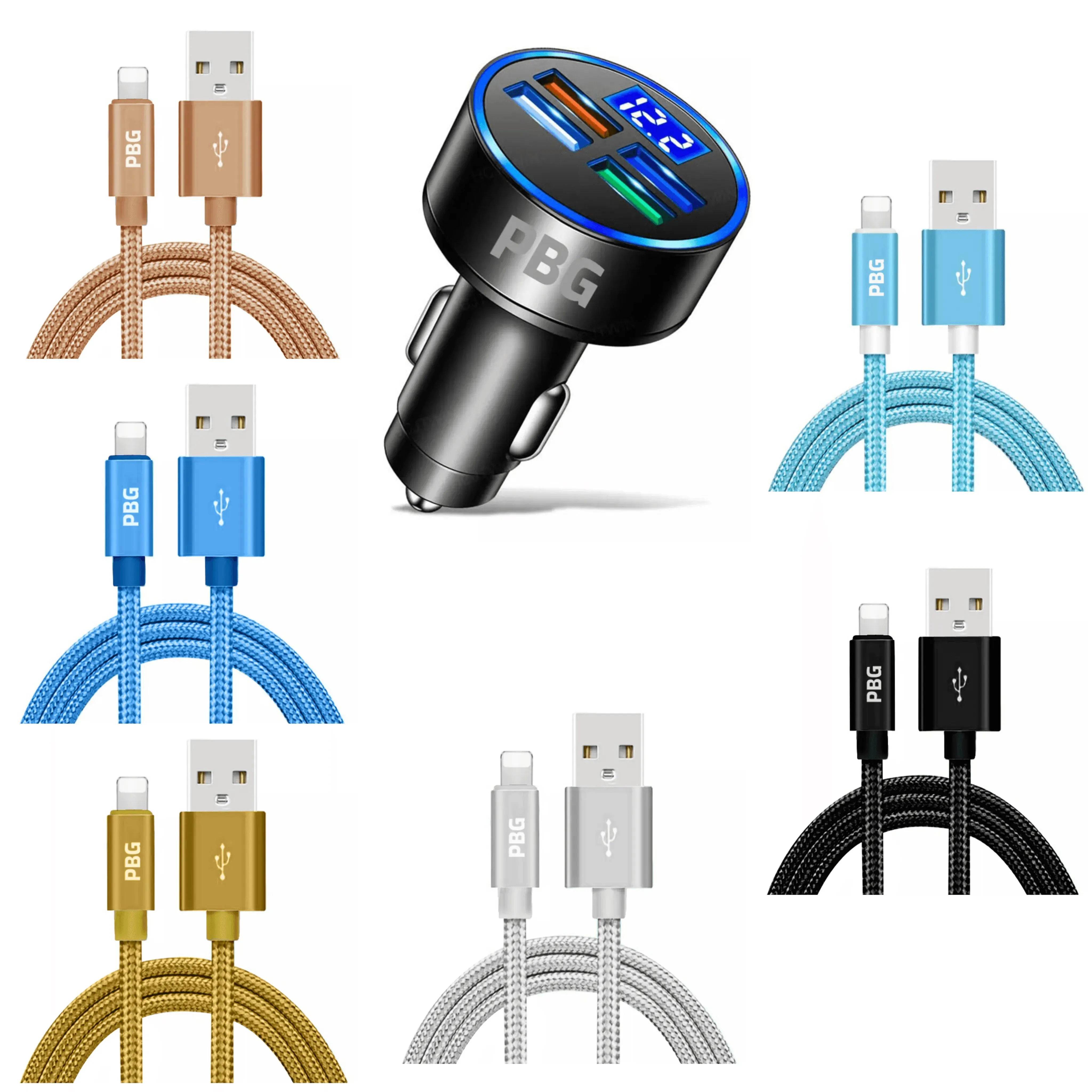 4-Port LED Car Charger with Voltage Display & 10FT iPhone Cable - Fast, Durable & Universal