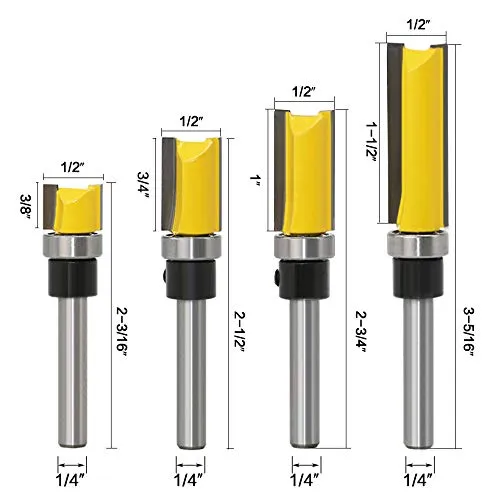 4Pcs Pattern Flush Trim Router Bit Set 1/4 inch Shank Template Router Bits 1/2 inch Cutting Dia Woodworking Router Tool by CHoiKWong (1/2 inch Cutting Diameter, yellow)