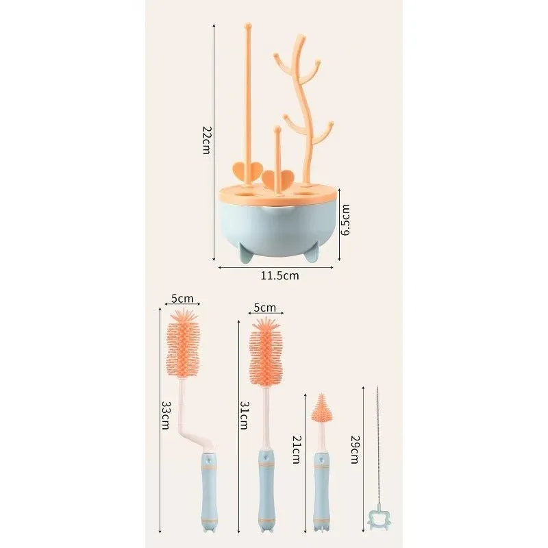 6-in-1 Baby Bottle Cleaner Set with Drying Rack - 2 Silicone Baby Bottle Brushes, Straw Brush, Nipple Brush & Storage Box