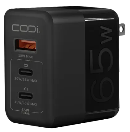 65W GaN Triple Port Wall Charger, USB-C & USB-A Outputs