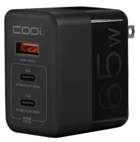 65W GaN Triple Port Wall Charger, USB-C & USB-A Outputs