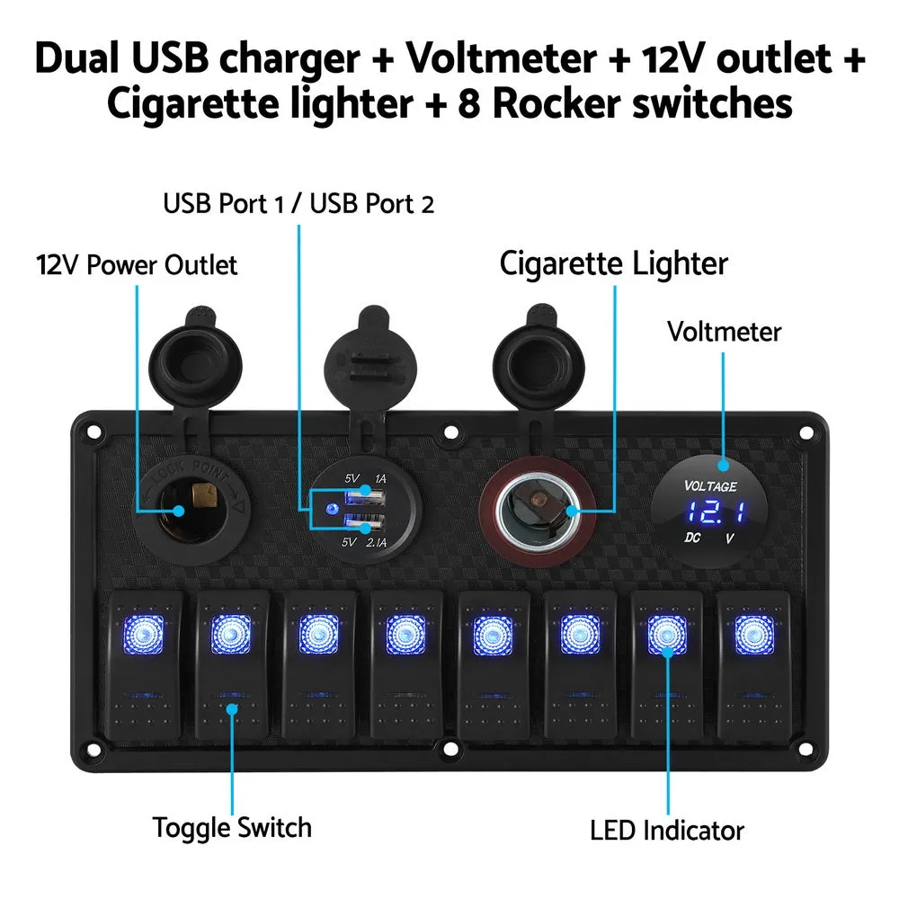 8 Gang 12V Blue LED Rocker Switch Panel with USB Charger - Giantz