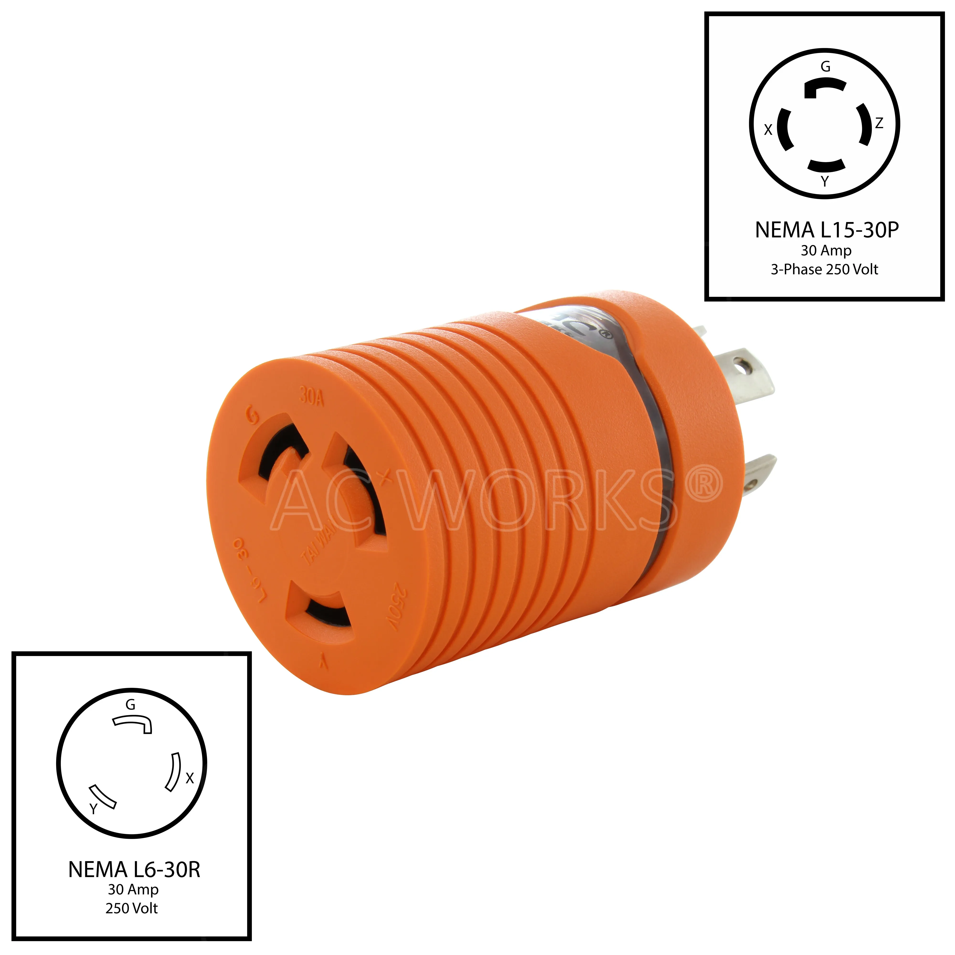 AC WORKS® [ADL1530L630] 30A 3-Phase 250V NEMA L15-30P Locking Plug to L6-30R 30A 250V Locking Connector