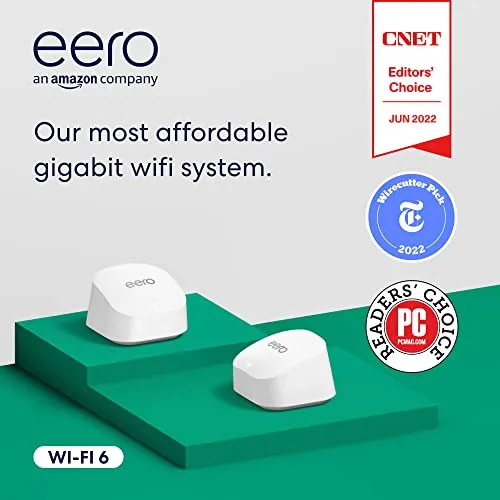 Amazon eero 6  mesh wifi router (newest model) - Say goodbye to wifi dead spots, Coverage up to 3,000 sq. ft., Connect 75  devices, 2-Pack