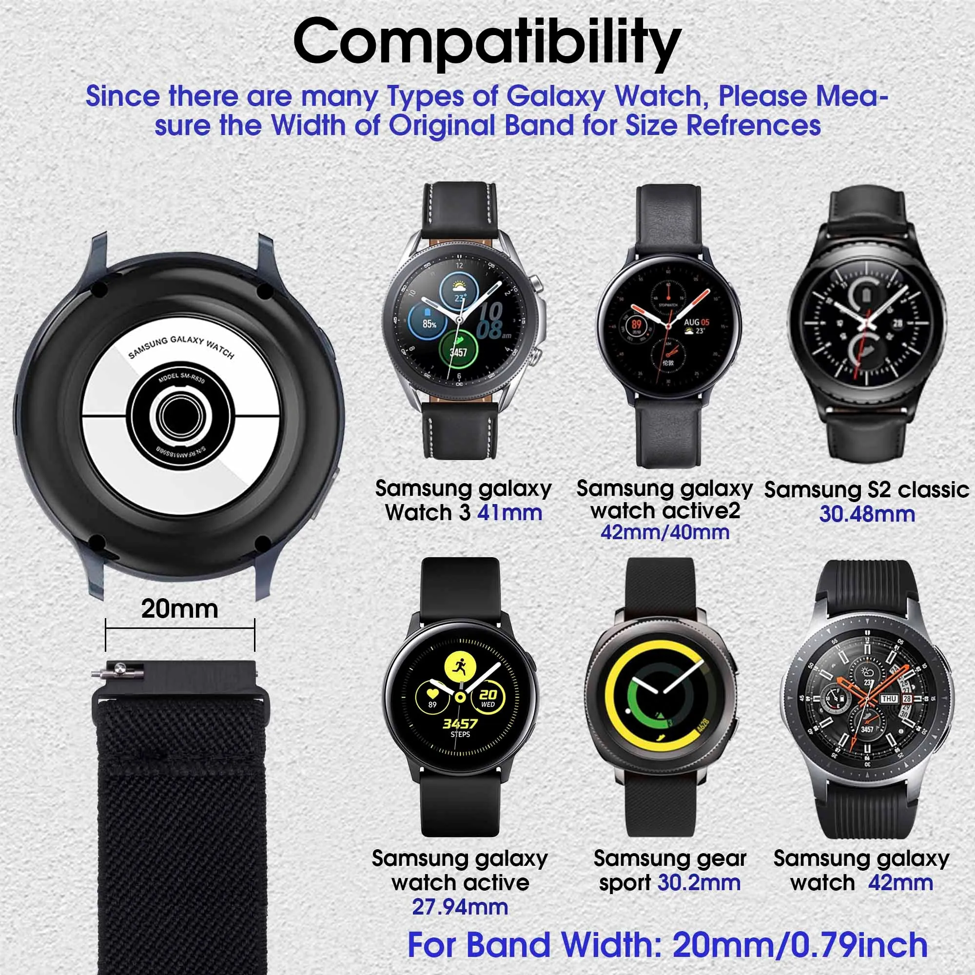 Arae Adjustable Stretchy Watch Band with 20mm Width Compatible for Samsung Galaxy Watch 4 40mm 44mm/Watch 4 Classic 42mm/ Watch Active 2 40mm 42mm/Watch 3 41mm for Women Men