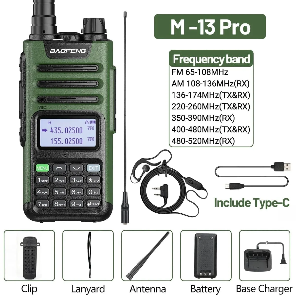 Baofeng M-13 Pro Air Band Walkie Talkie 10W Wireless Copy Frequency Long Range Type-C High Power UV-5R K5 Portable Ham Radio