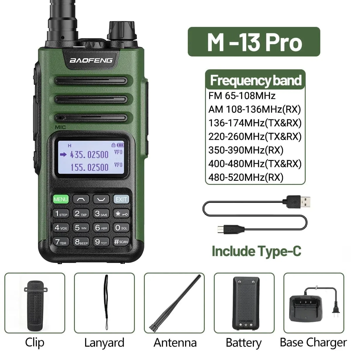 Baofeng M-13 Pro Air Band Walkie Talkie 10W Wireless Copy Frequency Long Range Type-C High Power UV-5R K5 Portable Ham Radio