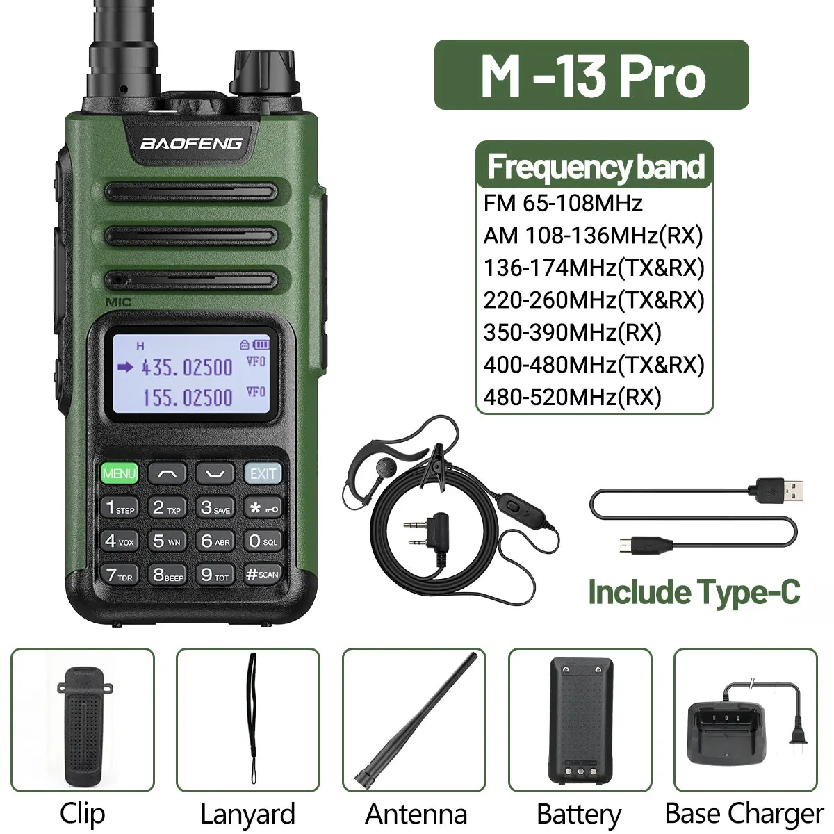 Baofeng M-13 Pro Air Band Walkie Talkie 10W Wireless Copy Frequency Long Range Type-C High Power UV-5R K5 Portable Ham Radio