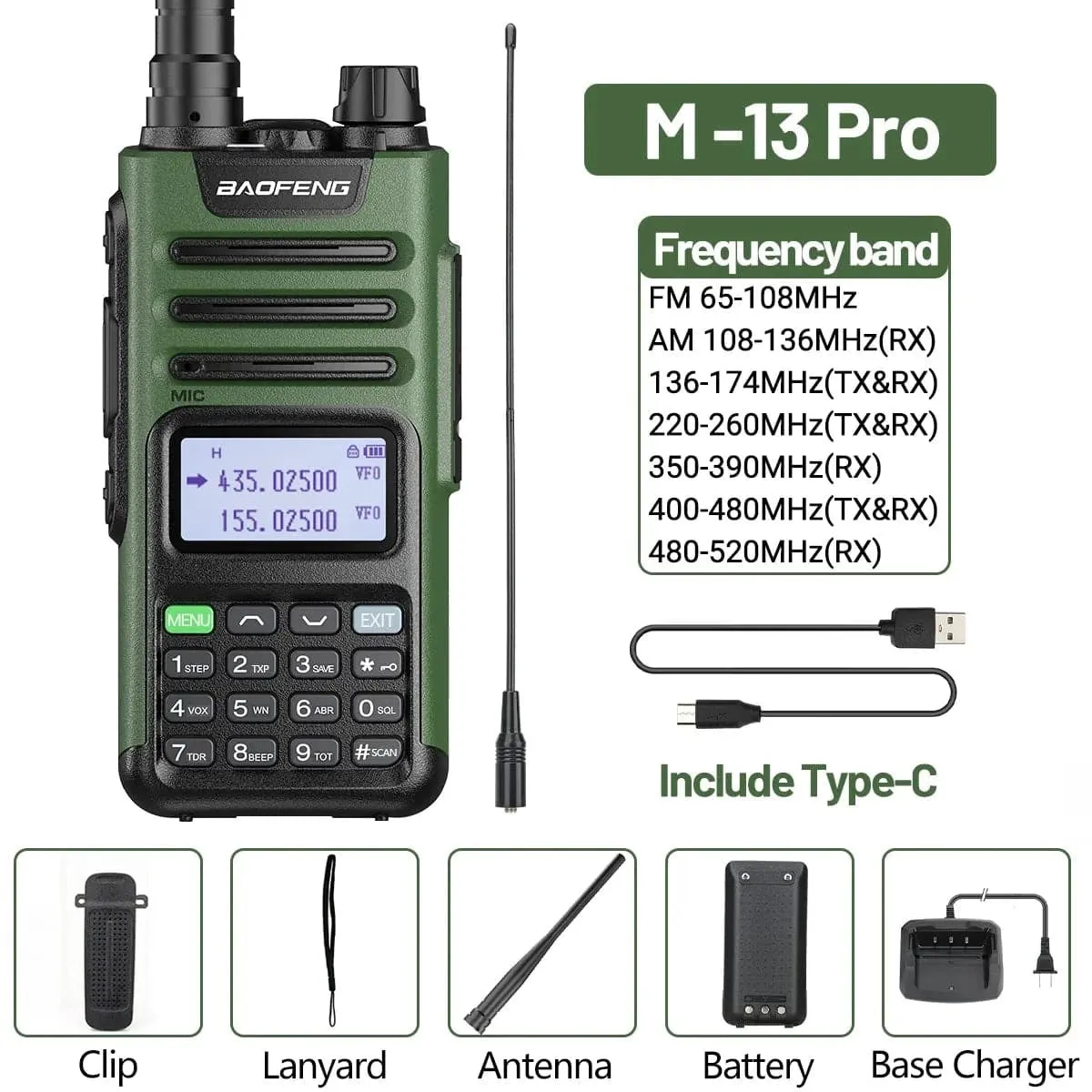 Baofeng M-13 Pro Air Band Walkie Talkie 10W Wireless Copy Frequency Long Range Type-C High Power UV-5R K5 Portable Ham Radio