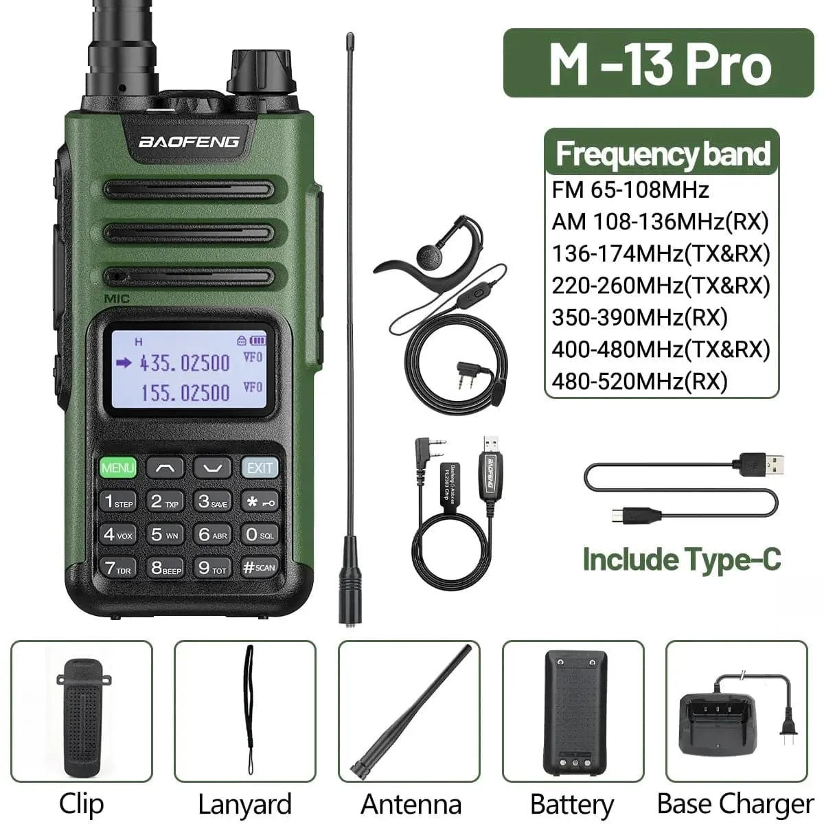 Baofeng M-13 Pro Air Band Walkie Talkie 10W Wireless Copy Frequency Long Range Type-C High Power UV-5R K5 Portable Ham Radio