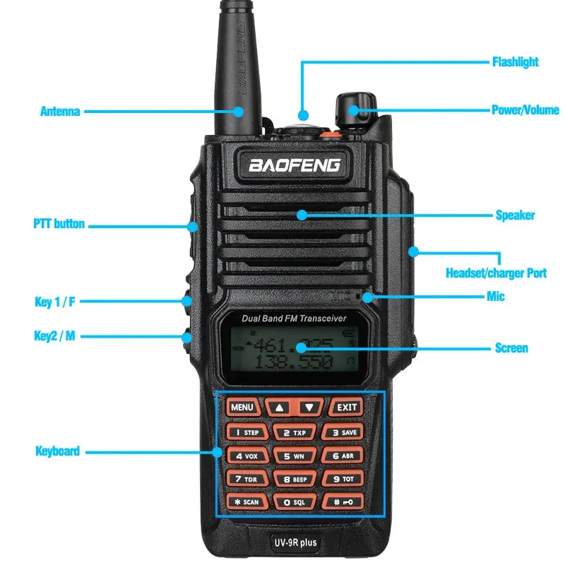 Baofeng UV-9R Plus Hign Power Dual Band 136-174/400-520MHz IP68 Waterproof Ham Radio Walkie Talkie Long Range Third Gear Power