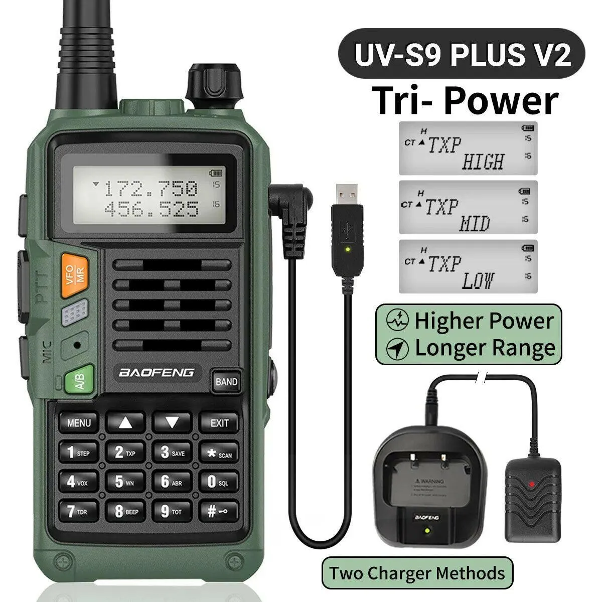 BAOFENG UV S9 Plus V2 10W Powerful Walkie Talkie USB Charger 16 KM Long Range Handheld Dual Band Transceiver UV 5R Two Way Radio