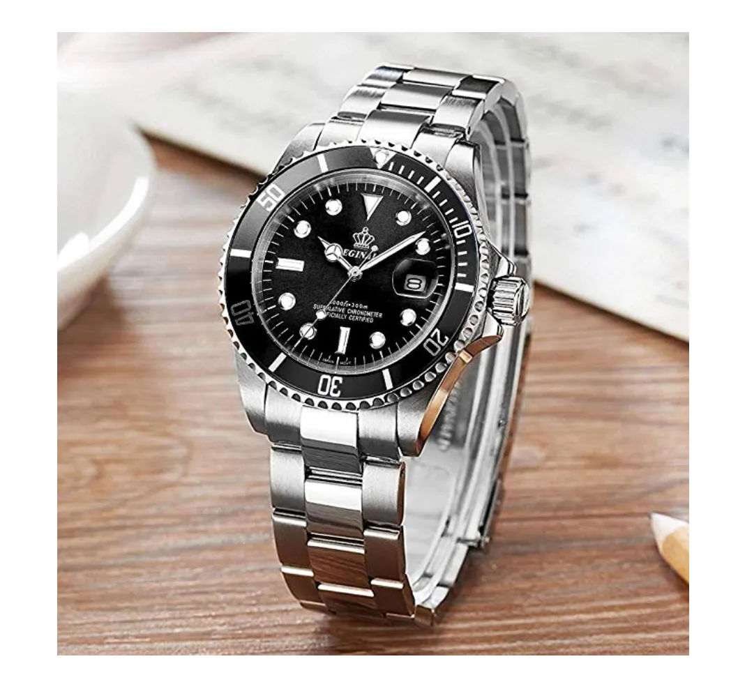 Black Face Watch Silver Color Sports Dress Watch Luxury Business Green Watch Stainless Steel