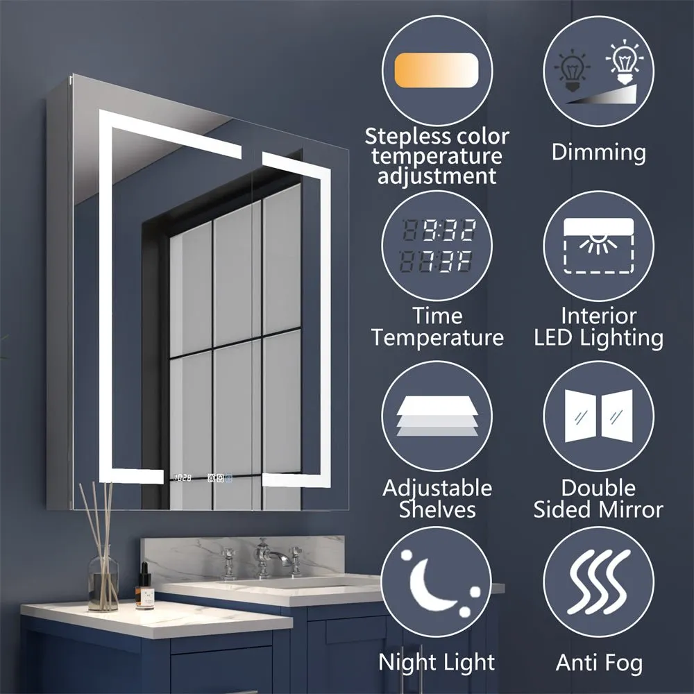 Boost-M2 20" W x 36" H LED Lighted Bathroom Medicine Cabinet with Mirror and Clock, Right Hinge