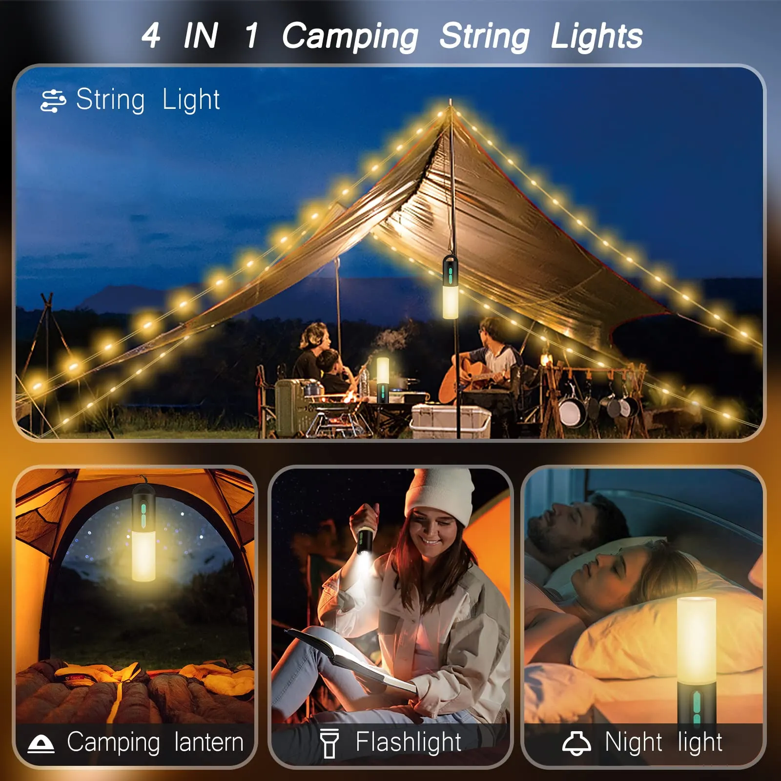 Camping String Lights-Camping Lantern with String Light(33Ft),Rechargeable Flashlights with 4000mAh Charger,IP44 Waterproof Camping Lights,Portable Lantern Flashlight for Emergency,Camping,Hiking