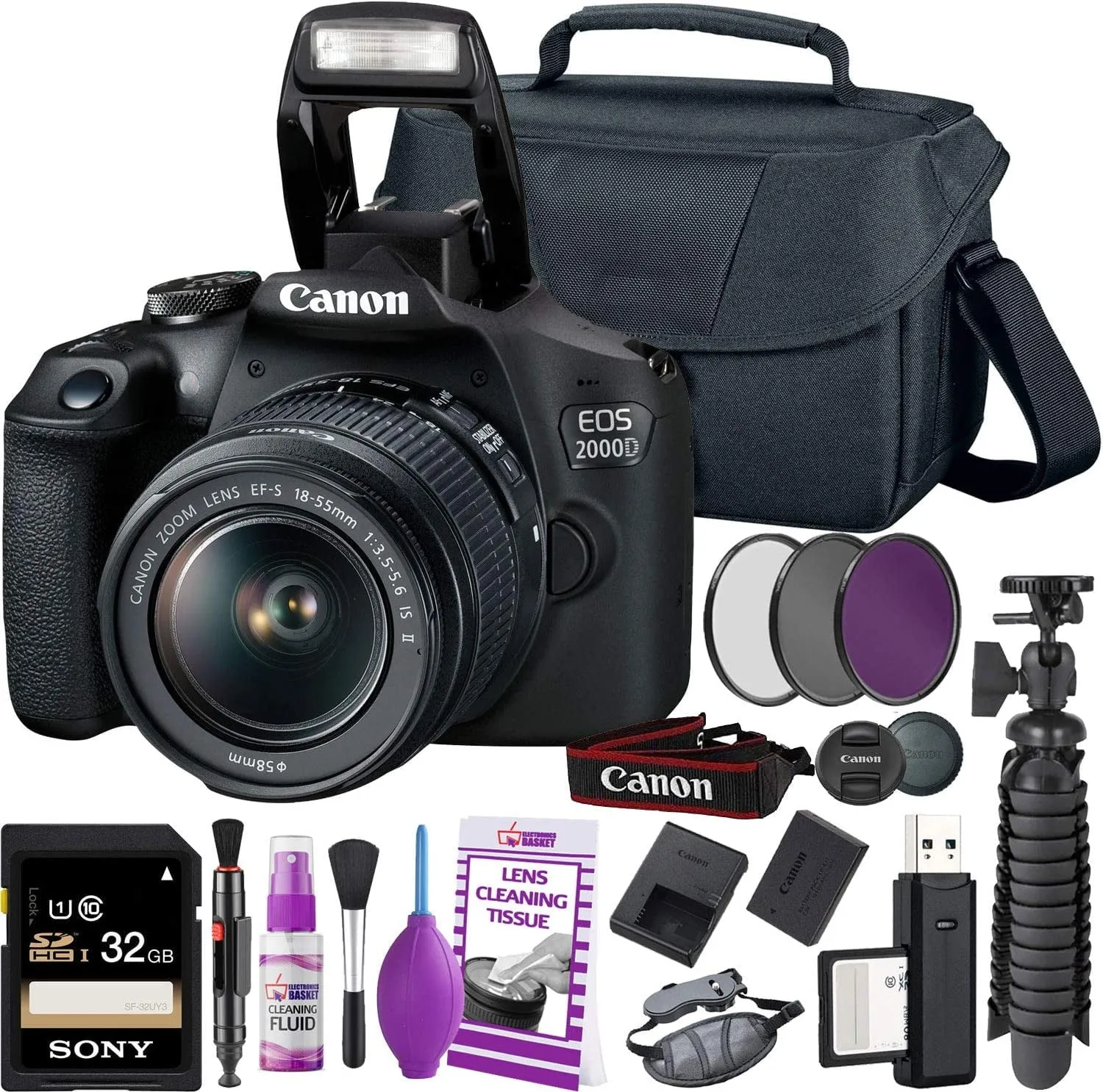 Canon EOS 2000D / Rebel T7 DSLR Camera and EF-S 18-55mm f/3.5-5.6 IS DC III Lens   32GB Memory Card   Camera Bag   Cleaning Kit   Table Tripod   Filters - Intl Model