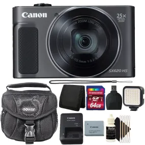 Canon PowerShot SX620 HS 20.2MP Digital Camera Black with LED Video Light and Accessory Kit