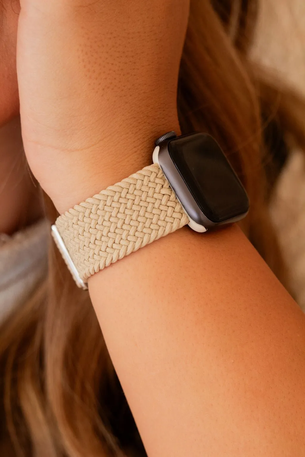 Cream Thick Weaved Adjustable Elastic Watch Band