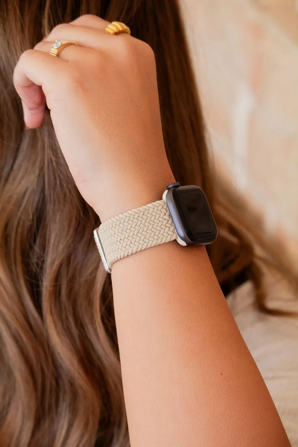 Cream Thick Weaved Adjustable Elastic Watch Band