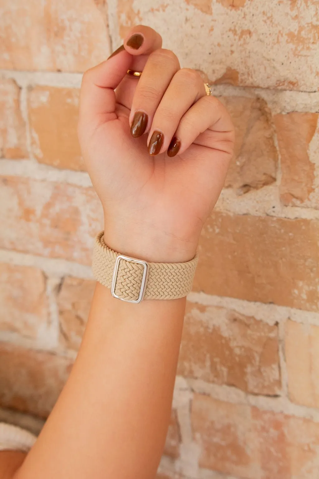 Cream Thick Weaved Adjustable Elastic Watch Band