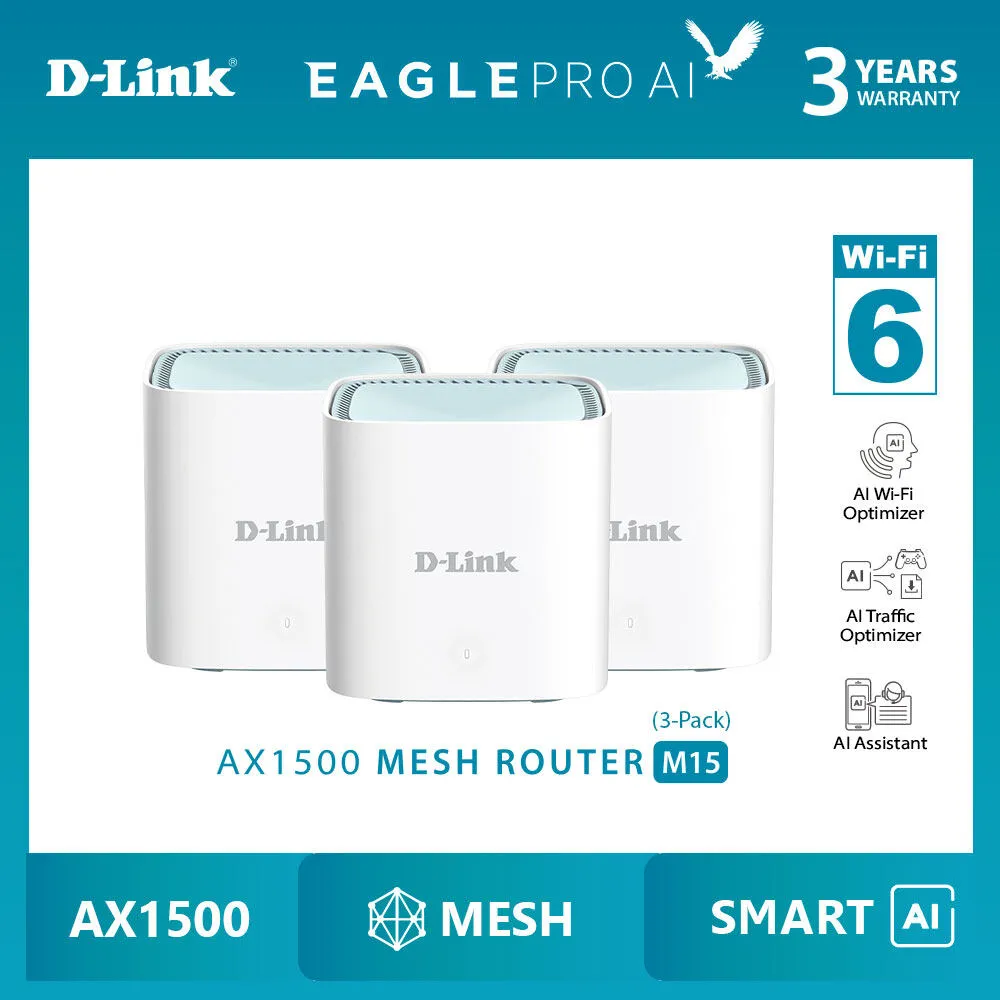 D-Link AX1500 Eagle Pro Ai Wi-Fi 6 Mesh Gigabit Router System Wireless Extender (Mesh with R15 M15 E15) R15 / M15 2 Pack / M15 3 Pack / E15