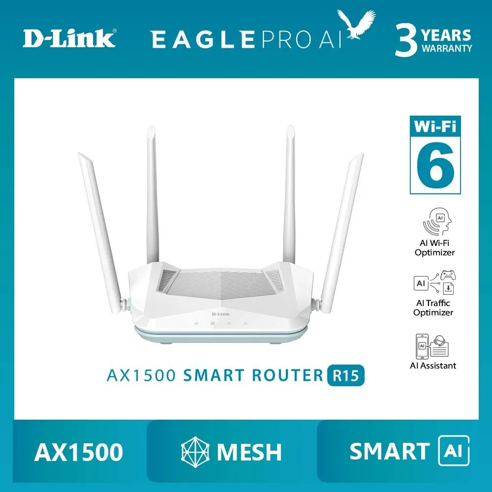 D-Link AX1500 Eagle Pro Ai Wi-Fi 6 Mesh Gigabit Router System Wireless Extender (Mesh with R15 M15 E15) R15 / M15 2 Pack / M15 3 Pack / E15