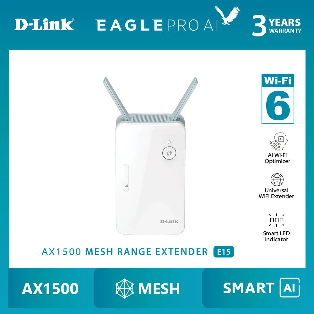 D-Link AX1500 Eagle Pro Ai Wi-Fi 6 Mesh Gigabit Router System Wireless Extender (Mesh with R15 M15 E15) R15 / M15 2 Pack / M15 3 Pack / E15