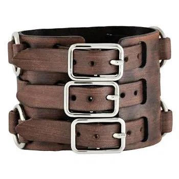 Double Ring Distressed Brown Leather Triple Strap Cuff FBWB