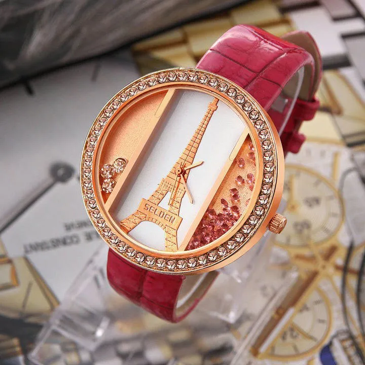 Eiffel tower ladies quartz Watch alloy rose gold dial PU strap Women's dress watch rhinestone watches quicksand wristwatches