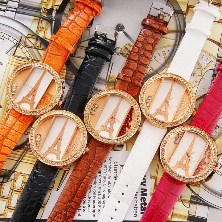 Eiffel tower ladies quartz Watch alloy rose gold dial PU strap Women's dress watch rhinestone watches quicksand wristwatches