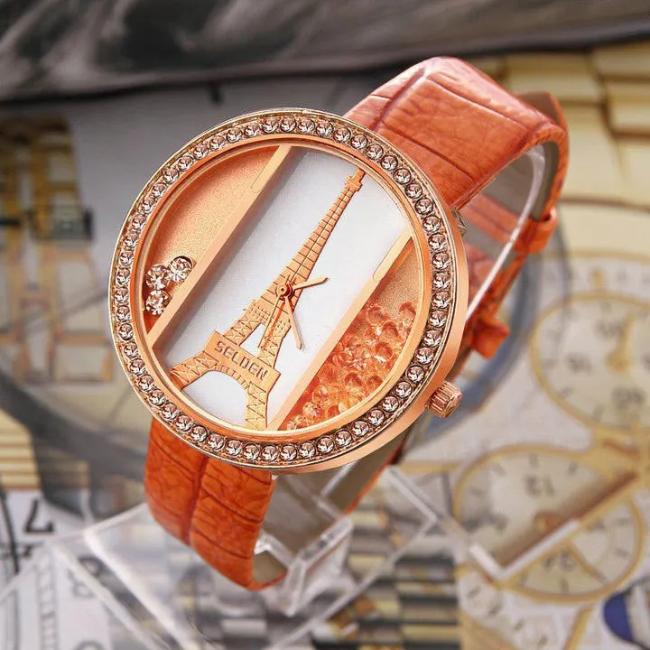 Eiffel tower ladies quartz Watch alloy rose gold dial PU strap Women's dress watch rhinestone watches quicksand wristwatches