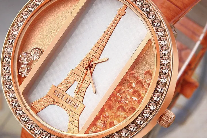 Eiffel tower ladies quartz Watch alloy rose gold dial PU strap Women's dress watch rhinestone watches quicksand wristwatches