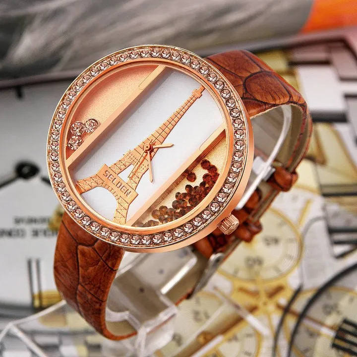 Eiffel tower ladies quartz Watch alloy rose gold dial PU strap Women's dress watch rhinestone watches quicksand wristwatches