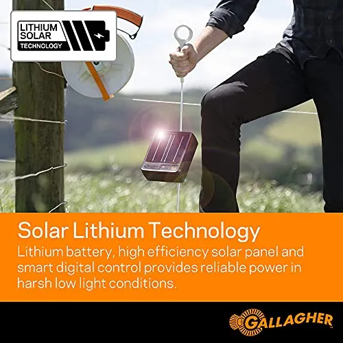 Gallagher S12 Solar Electric Fence Charger | Powers Up to 4 Miles / 18 Acres of Fence | Solar Lithium Technology, 0.12 Stored Joule Energizer | Built-in Earthing | Portable and Super Tough