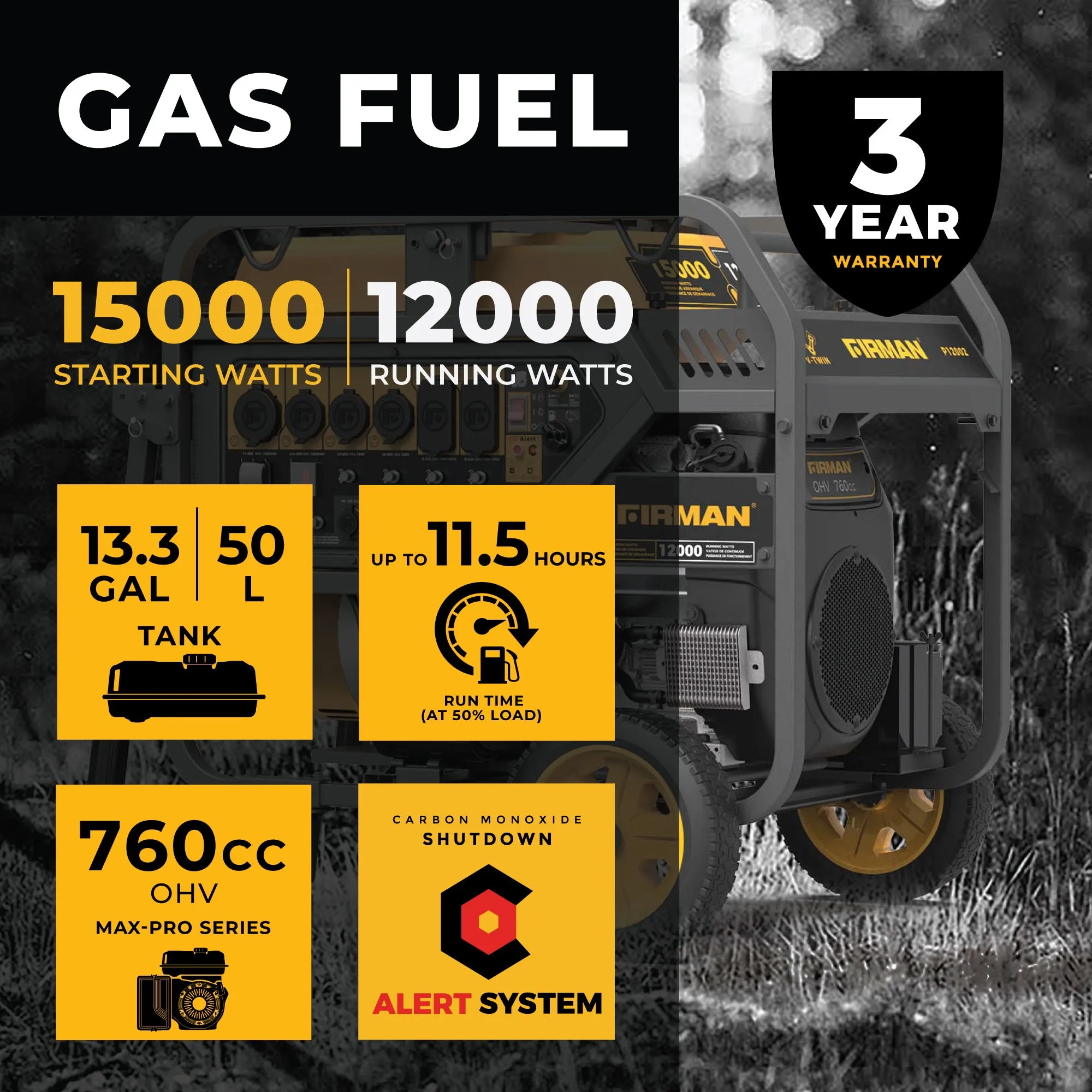 Gas Portable Generator 15000W Electric Start 120/240V with CO Alert