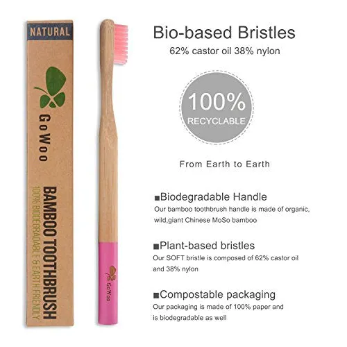 GoWoo 100% Natural Bamboo Toothbrush Soft – Organic Eco Friendly Toothbrushes With Soft Nylon Bristles, BPA-Free, Biodegradable, Dental Care Set for Men and Women, Pack Of 4, Rainbow Color