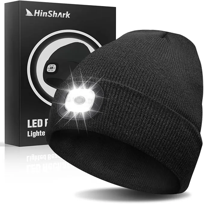 Hinshark Gifts for Men, Stocking Fillers , Beanie Hat  with LED Light , Rechargeable Mens Beanie Hat Secret Santa Gifts for Men, Men Birthday Gifts