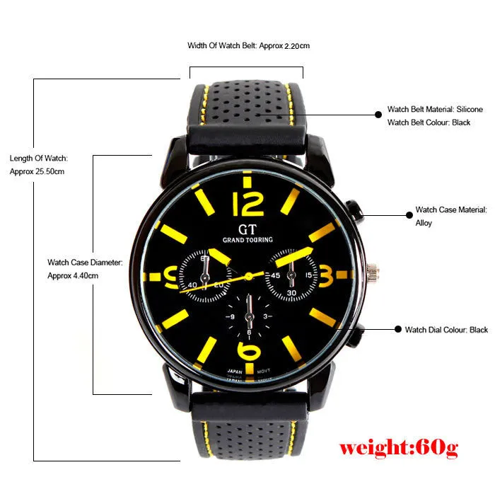 Hot Sale Grand Touring GT Sport Men's Quartz Wristwatches Silicone Bracelet Women Military Watch