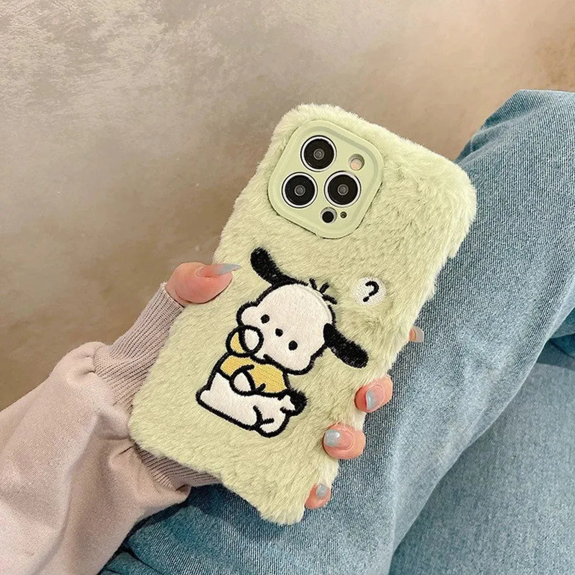 Japanese Cartoon Cute PC Fluffy with Embroidery Blue Green iPhone Case 11 12 13 14 15 Pro Promax